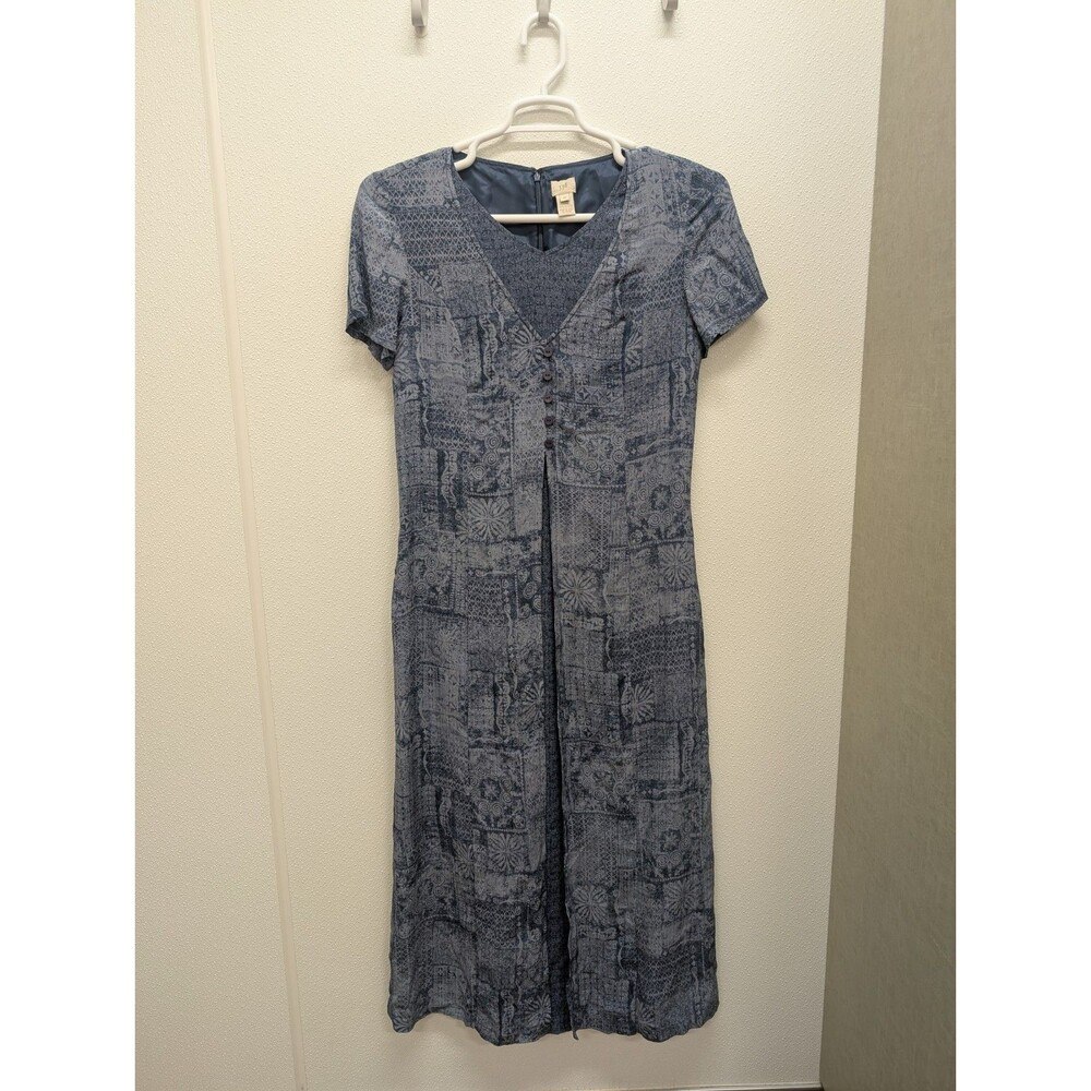 J. Jill Dress Sz 10 Blue Sheer Silk Maxi Coastal Patchwork Quiet Luxury Minimal